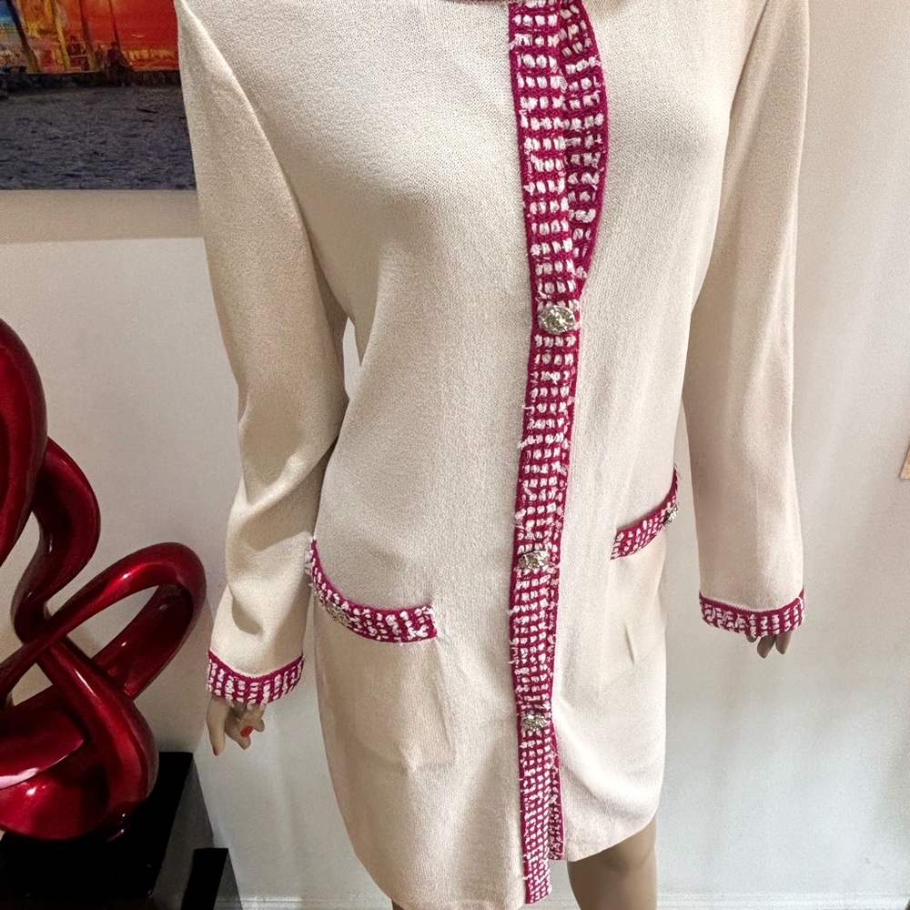 St. John Cream Longline Jacket Dress Pink Tweed Trim 12 L cream buttons